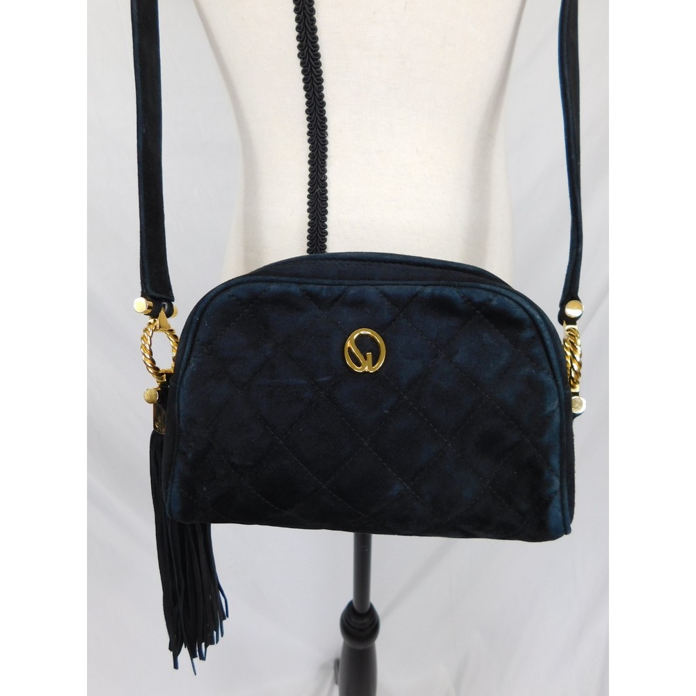 Vintage St. John Black Quilted Suede Tassel Gold Hardware Crossbody Bag